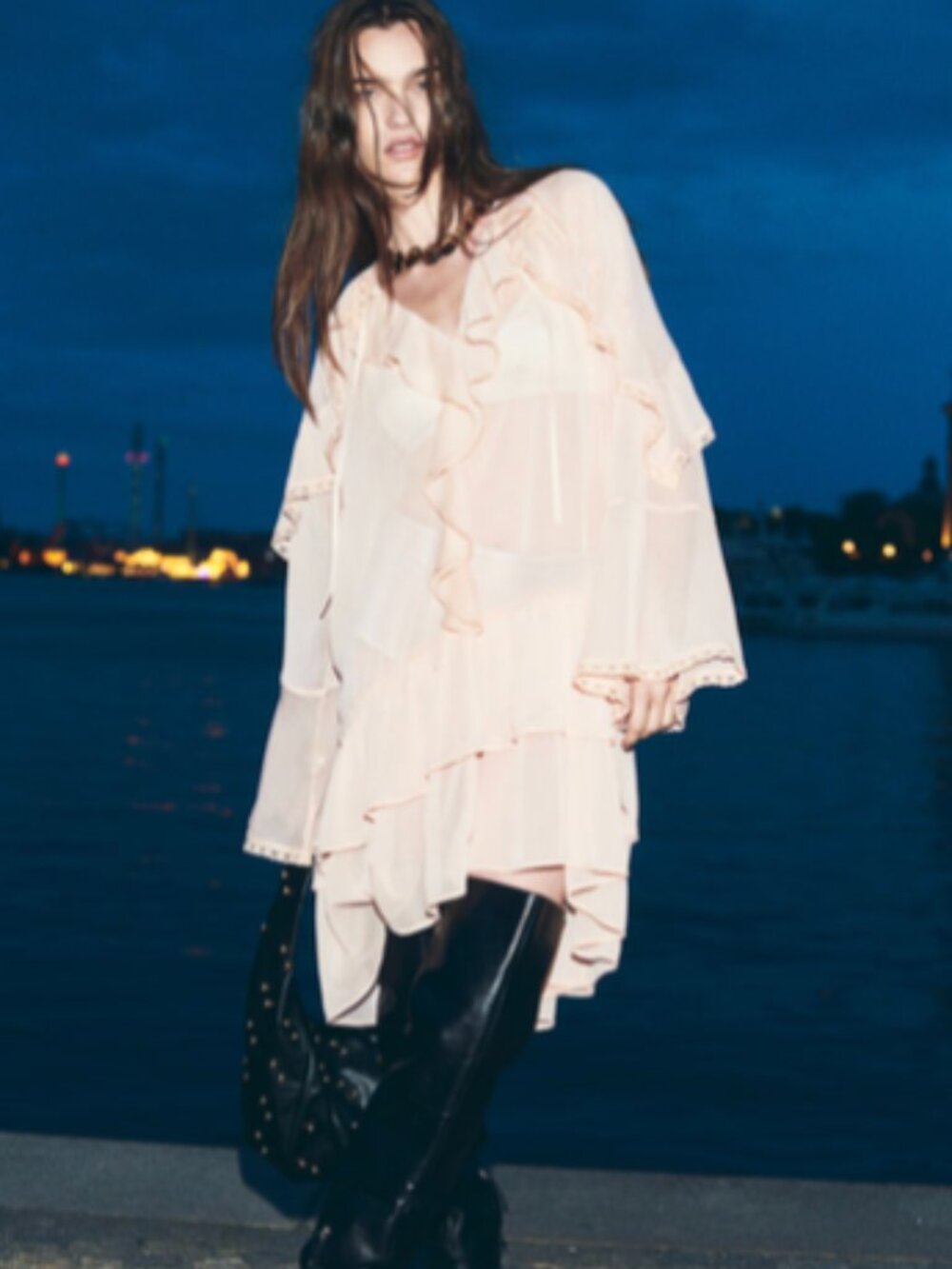H&M Flounced Chiffon Dress Chloe Ruffle Peach Beige Small